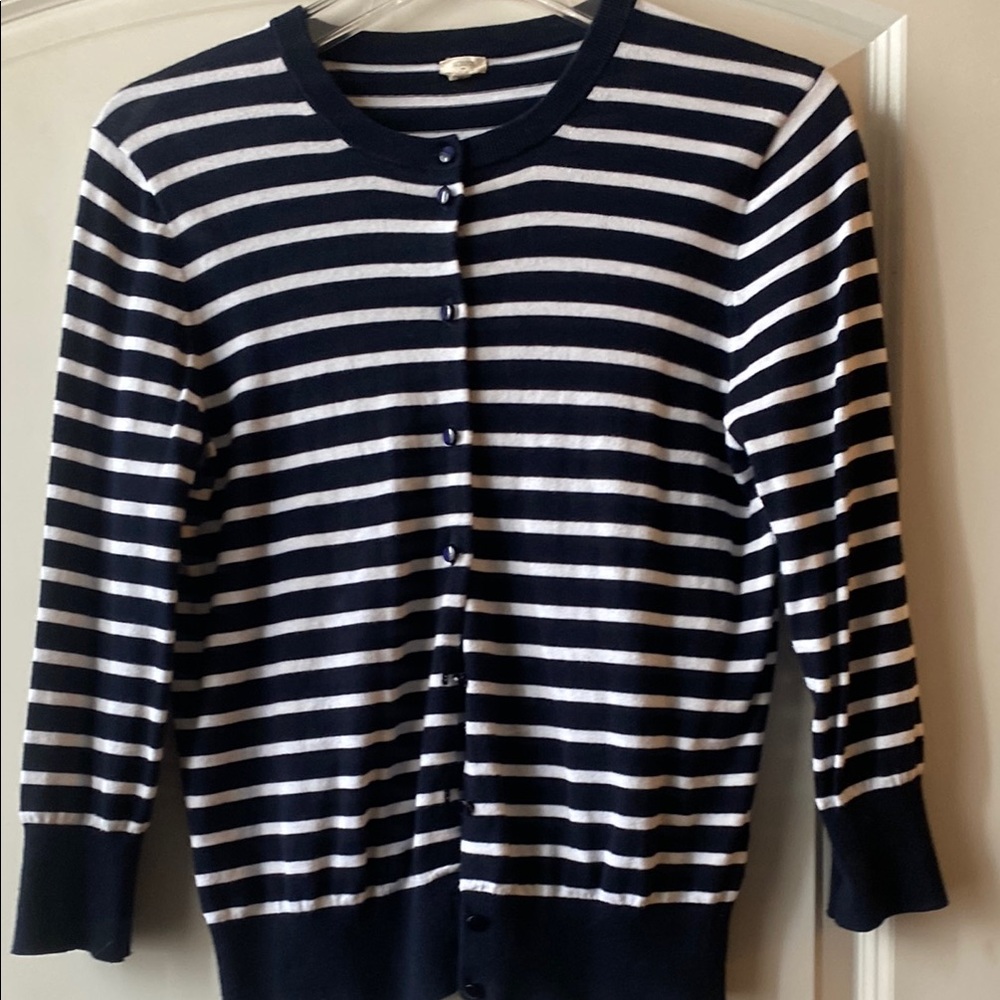 J. Crew Blue and White Striped Cardigan Sweater